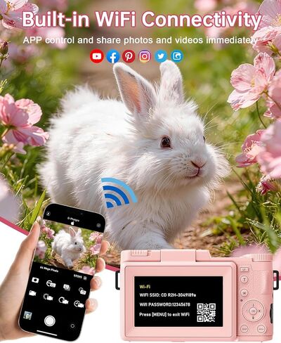 FLATIC Digital Camera with WiFi, 5K 64MP Cameras for Photography with 180° Flip Screen, 18X Zoom Vlogging Camera with 64GB Card, Wide & Macro Lens, 2 Batteries, Card Reader, Digital Zoom-Pink in Saudi Arabia