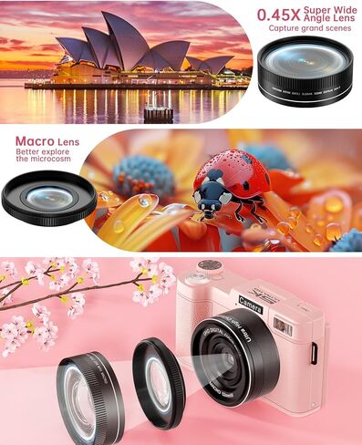 FLATIC Digital Camera with WiFi, 5K 64MP Cameras for Photography with 180° Flip Screen, 18X Zoom Vlogging Camera with 64GB Card, Wide & Macro Lens, 2 Batteries, Card Reader, Digital Zoom-Pink in Saudi Arabia