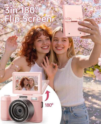 FLATIC Digital Camera with WiFi, 5K 64MP Cameras for Photography with 180° Flip Screen, 18X Zoom Vlogging Camera with 64GB Card, Wide & Macro Lens, 2 Batteries, Card Reader, Digital Zoom-Pink in Saudi Arabia