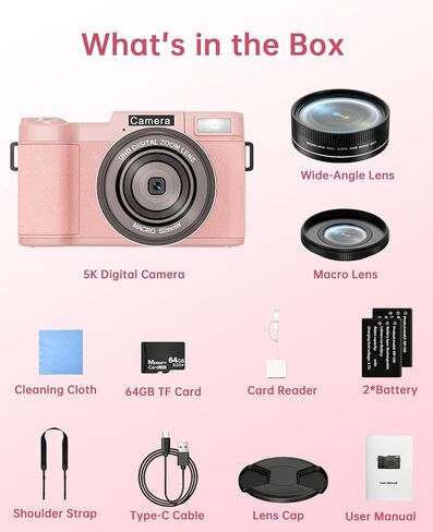 FLATIC Digital Camera with WiFi, 5K 64MP Cameras for Photography with 180° Flip Screen, 18X Zoom Vlogging Camera with 64GB Card, Wide & Macro Lens, 2 Batteries, Card Reader, Digital Zoom-Pink in Saudi Arabia