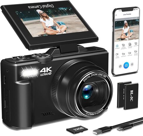 كاميرا رقمية بدقة 4K للتصوير الفوتوغرافي، وكاميرا تسجيل فيديو بدقة 64 ميجابكسل لليوتيوب مع شاشة قابلة للطي 3 بوصات 180 درجة، وكاميرا مدمجة بتكبير رقمي 18X عالية الدقة مع خاصية WiFi وفلاش وبطاقة TF سعة 32 جيجابايت وبطاريتين (أسود) in Kuwait