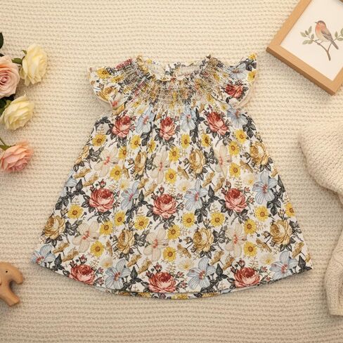 Baby Toddler Girls Floral Dress Ruffle Smocked Sleeveless A-Line Breathable for Summer Picnic Outfits in Saudi Arabia