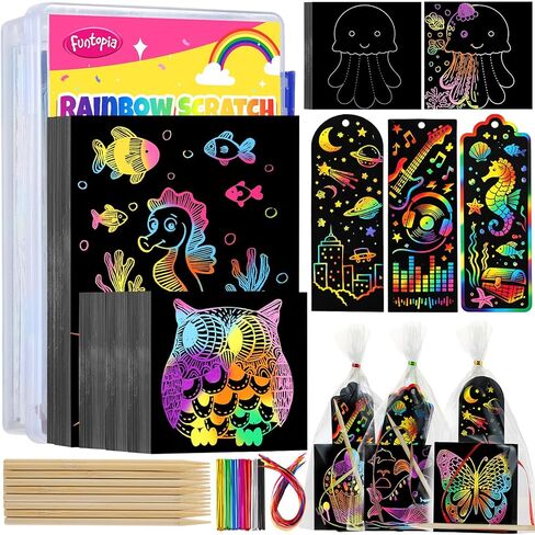Scratch Art for Kids, Funtopia 100 Sheets Rainbow Scratch Paper, Black Scratch Off Paper Craft Kits, School Art Supplies Classroom Prizes Travel Toys Birthday Party Gifts, for Boys Girls ages 4-8 8-12 in Saudi Arabia