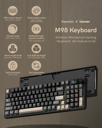 لوحة مفاتيح ميكانيكية لاسلكية Keymatic M98 مع شاشة ومقبض، لوحة مفاتيح ألعاب 96% BT/2.4G/USB-C، لوحة مفاتيح مخصصة للألعاب قابلة للتبديل السريع، مع بطارية 8000 مللي أمبير في الساعة in Kuwait