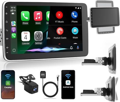 [2G+64G] 10.1 بوصة راديو سيارة بلوتوث ستيريو أحادي الدين مع Apple Carplay Android Auto، وحدة استقبال صوت السيارة بشاشة لمس قابلة للدوران مع كاميرا احتياطية، وصلة مرآة/SWC/AM/FM، Android 14 in Kuwait