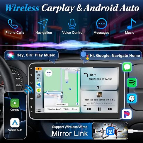 [2G+64G] 10.1 بوصة راديو سيارة بلوتوث ستيريو أحادي الدين مع Apple Carplay Android Auto، وحدة استقبال صوت السيارة بشاشة لمس قابلة للدوران مع كاميرا احتياطية، وصلة مرآة/SWC/AM/FM، Android 14 in Kuwait