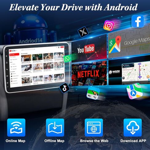 [2G+64G] 10.1 بوصة راديو سيارة بلوتوث ستيريو أحادي الدين مع Apple Carplay Android Auto، وحدة استقبال صوت السيارة بشاشة لمس قابلة للدوران مع كاميرا احتياطية، وصلة مرآة/SWC/AM/FM، Android 14 in Kuwait