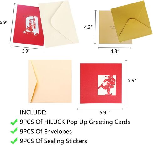 بطاقات معايدة عيد الميلاد ثلاثية الأبعاد، 9 قطع، بطاقات مصنوعة يدويًا منبثقة مع مغلف، مجموعة مكونة من 9 قطع، لعطلة الشتاء في رأس السنة الجديدة - تتميز بشجرة عيد الميلاد ورجل الثلج والرنة وسانتا والجرس in Kuwait