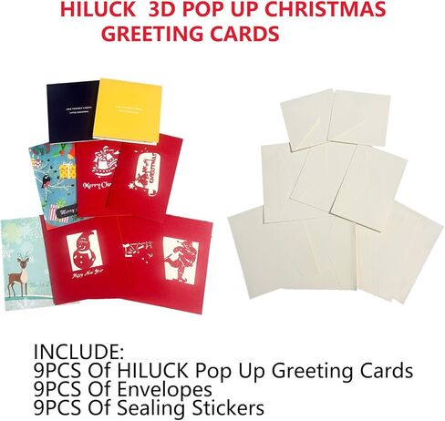 بطاقات معايدة عيد الميلاد ثلاثية الأبعاد، 9 قطع، بطاقات مصنوعة يدويًا منبثقة مع مغلف، مجموعة مكونة من 9 قطع، لعطلة الشتاء في رأس السنة الجديدة - تتميز بشجرة عيد الميلاد ورجل الثلج والرنة وسانتا والجرس in Kuwait