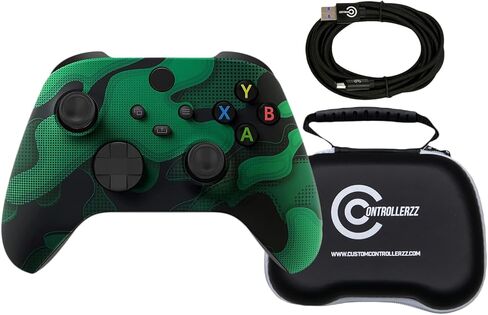 حزمة وحدة تحكم Custom Controllerzz Green Camo - تتضمن وحدة تحكم لاسلكية مخصصة باللون الأخضر لأجهزة Xbox Series X/S وXbox One والكمبيوتر الشخصي وكابل USB-C مجدول وحقيبة حماية عالمية in Kuwait