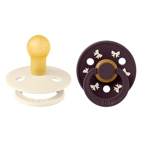 BIBS Colour Holiday Pacifier 2-Pack, BPA Free Pacifier, Round Nipple. Natural Rubber Latex, Made in Denmark, Size 1 (0-6 Months), Ivory/Plum in Saudi Arabia