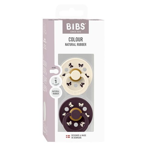 BIBS Colour Holiday Pacifier 2-Pack, BPA Free Pacifier, Round Nipple. Natural Rubber Latex, Made in Denmark, Size 1 (0-6 Months), Ivory/Plum in Saudi Arabia