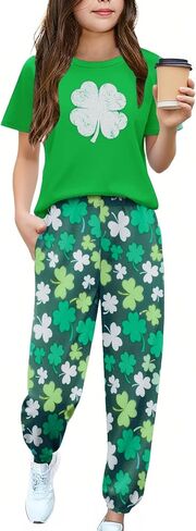 Arshiner Girls 2 Piece Outfits Fashion Clothes Short Sleeve Tops and Jogger Pants Kids Tracksuit Sweatsuits Set in Saudi Arabia