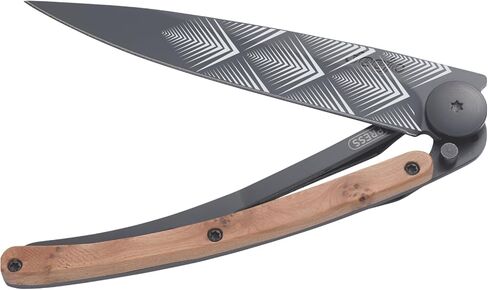 deejo - سكين جيب قابل للطي 37 جرام مع مشبك حزام - تصميم آرت ديكو، شفرة من الفولاذ المقاوم للصدأ مقاس 3.7 بوصة، مقبض من خشب العرعر - خفيف الوزن للحمل اليومي للمنزل والعمل والاستخدام الخارجي in Kuwait