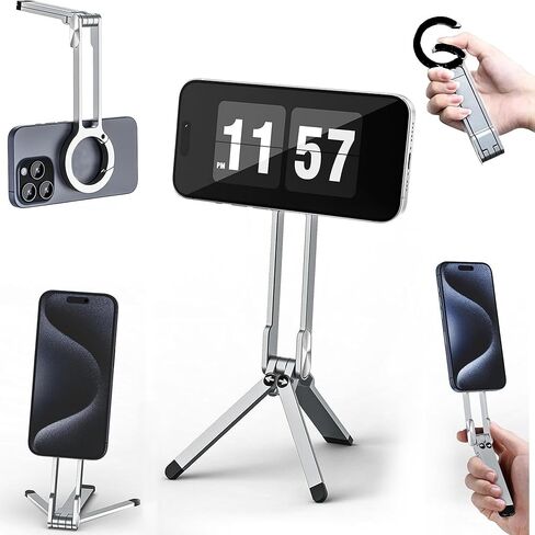 حامل ثلاثي مغناطيسي للهاتف، حامل ثلاثي القوائم صغير محمول ABS Maglock قابل للتعديل لهاتف iPhone 17/16/15/14، حامل هاتف محمول صغير الحجم مع مغناطيس قوي وتركيب سريع، فضي in Kuwait