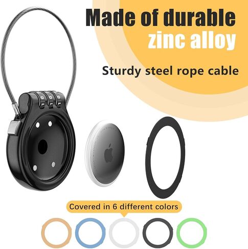 AirTag Holder with 3-Digit Combination Lock, Zinc Alloy Anti-Theft Protective Case with Steel Cable, Secure Lock for Luggage, Strollers, Backpacks Christmas White Elephant Gift for Women Man -Black in Saudi Arabia