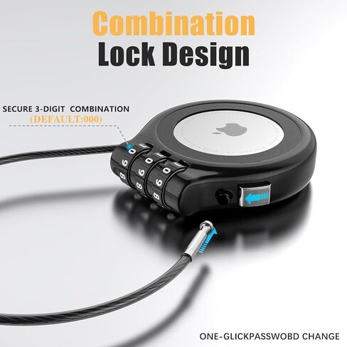 AirTag Holder with 3-Digit Combination Lock, Zinc Alloy Anti-Theft Protective Case with Steel Cable, Secure Lock for Luggage, Strollers, Backpacks Christmas White Elephant Gift for Women Man -Black in Saudi Arabia