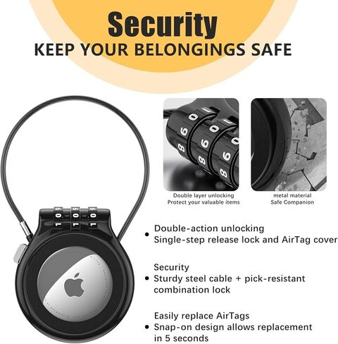 AirTag Holder with 3-Digit Combination Lock, Zinc Alloy Anti-Theft Protective Case with Steel Cable, Secure Lock for Luggage, Strollers, Backpacks Christmas White Elephant Gift for Women Man -Black in Saudi Arabia