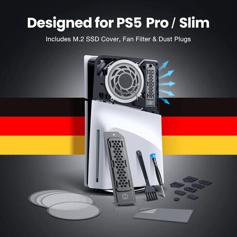 ترقية التبريد والحماية من الغبار من GRAUGEAR لجهاز PS5 Pro/PS5 Slim، وPS5 Pro/Slim M.2 SSD غطاء المبدد الحراري مع مرشح غبار المروحة ومقابس المنافذ، يمنع ارتفاع درجة الحرارة وتراكم الغبار (أسود) in Kuwait