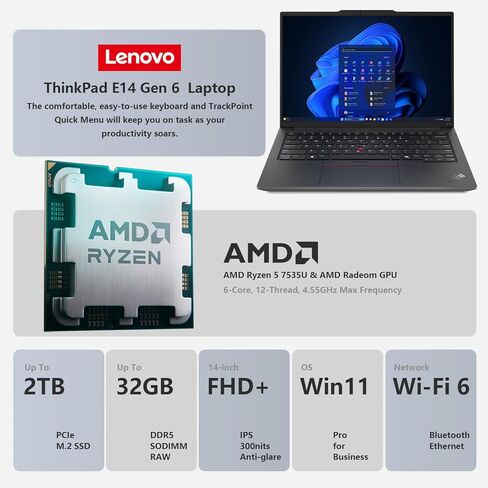كمبيوتر محمول Lenovo ThinkPad E14 Gen 6 Business، شاشة 14 بوصة FHD + مضادة للتوهج، AMD Ryzen 5 7535U حتى 4.55 جيجا هرتز، ذاكرة الوصول العشوائي DDR5 سعة 16 جيجابايت، SSD 512 جيجابايت، بصمة الإصبع، إضاءة خلفية، HDMI، Wi-Fi 6، Windows 11 Pro، مع مجموعة حزمة in Kuwait