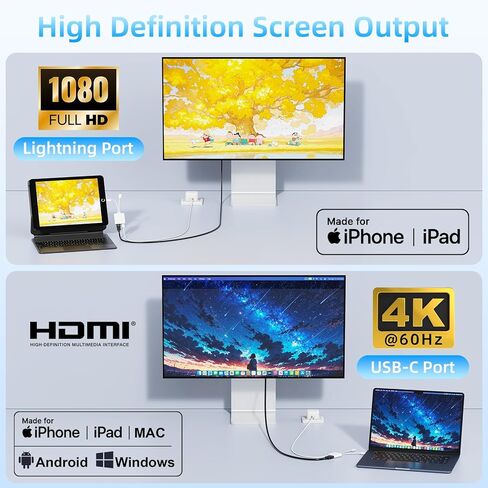 USB-C and Lightning to HDMI Adapter for iPhone ipad to TV [MFi Certified], 4K@60 Hz Sync Screen Apple Lightning to Digital AV Adapter for MacBook, iPhone17/16/15, iPad to TV/Projector/Monitor in Saudi Arabia