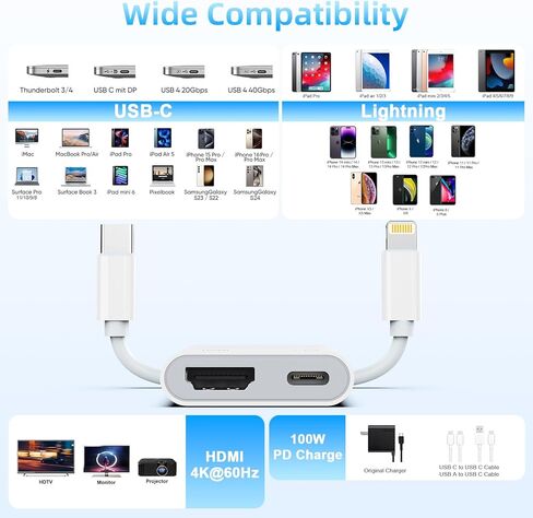 USB-C and Lightning to HDMI Adapter for iPhone ipad to TV [MFi Certified], 4K@60 Hz Sync Screen Apple Lightning to Digital AV Adapter for MacBook, iPhone17/16/15, iPad to TV/Projector/Monitor in Saudi Arabia