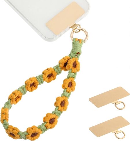Bememo Sunflower Phone Wrist Strap Boho Macrame Wristlet Cute Cell Phone Lanyard with 2 Gold Tether Tabs Spacers Handmade Gifts for Women in Saudi Arabia