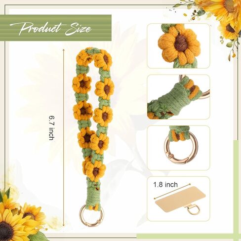 Bememo Sunflower Phone Wrist Strap Boho Macrame Wristlet Cute Cell Phone Lanyard with 2 Gold Tether Tabs Spacers Handmade Gifts for Women in Saudi Arabia