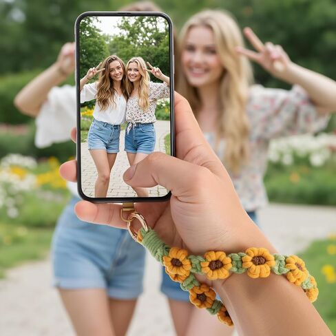 Bememo Sunflower Phone Wrist Strap Boho Macrame Wristlet Cute Cell Phone Lanyard with 2 Gold Tether Tabs Spacers Handmade Gifts for Women in Saudi Arabia