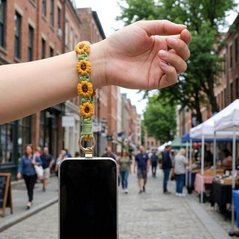 Bememo Sunflower Phone Wrist Strap Boho Macrame Wristlet Cute Cell Phone Lanyard with 2 Gold Tether Tabs Spacers Handmade Gifts for Women in Saudi Arabia
