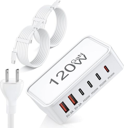 كتلة شاحن USB C، محطة شحن 120 وات GaN ذات 6 منافذ، شاحن PD ثابت 30 وات من النوع C شحن سريع لأجهزة iPhone 17/16/15/14، iPad، Galaxy، Pixel، محور محول الطاقة للسفر والمكتب المنزلي in Kuwait