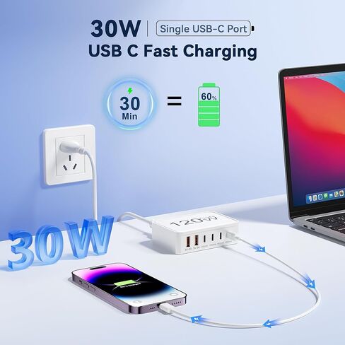 كتلة شاحن USB C، محطة شحن 120 وات GaN ذات 6 منافذ، شاحن PD ثابت 30 وات من النوع C شحن سريع لأجهزة iPhone 17/16/15/14، iPad، Galaxy، Pixel، محور محول الطاقة للسفر والمكتب المنزلي in Kuwait