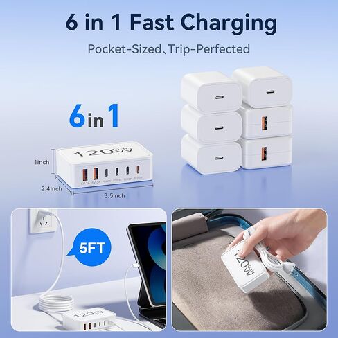 كتلة شاحن USB C، محطة شحن 120 وات GaN ذات 6 منافذ، شاحن PD ثابت 30 وات من النوع C شحن سريع لأجهزة iPhone 17/16/15/14، iPad، Galaxy، Pixel، محور محول الطاقة للسفر والمكتب المنزلي in Kuwait