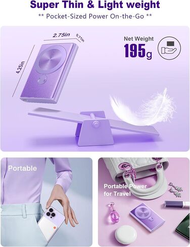 شاحن محمول مغناطيسي من Kesguar، بنك طاقة لاسلكي بقوة 10000 مللي أمبير في الساعة 22.5 وات PD للشحن السريع للغاية. مغناطيس قوي للغاية، حزمة بطارية مدخل ومخرج USB C لسلسلة Magsafe، iPhone 17/16/15/13/12 Pro، أرجواني in Kuwait