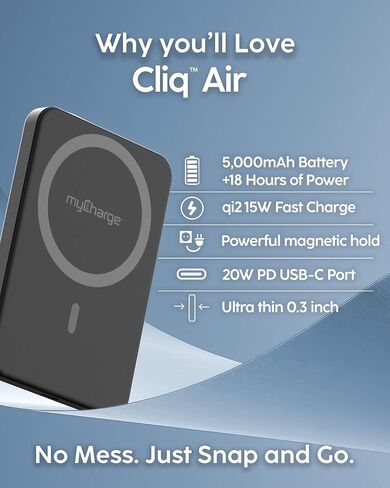 myCharge CliqAir 5000mAh Magnetic Power Bank – Ultra-Thin 0.3" Design | 15W Qi2 Fast Wireless Charging | 20W PD USB-C Port | Powerful Magnetic Hold | Perfect for Travel, Work, or Everyday Use | Black in Saudi Arabia