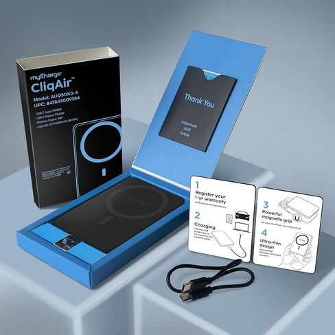 myCharge CliqAir 5000mAh Magnetic Power Bank – Ultra-Thin 0.3" Design | 15W Qi2 Fast Wireless Charging | 20W PD USB-C Port | Powerful Magnetic Hold | Perfect for Travel, Work, or Everyday Use | Black in Saudi Arabia