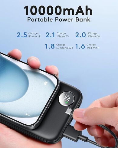 Powerbank Fast Charging Max 12V/4.5A, Ultra Slim Portable Charger USB C 10000mah, Travel Power Bank for iPhone 11 12 13 14 15 16 17 Samsung Android, DC Lightweight Battery Pack Phone Charger, Black in Kuwait
