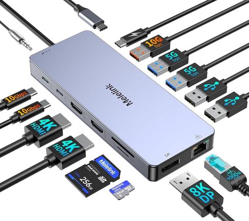 محطة إرساء الكمبيوتر المحمول USB C شاشة مزدوجة لأجهزة Dell/Lenovo/HP، 15 في 1 USB C Hub متعدد المنافذ محول Dongle Dock USB-C إلى 2 HDMI 4K@60 هرتز، 8K DisplayPort، 2 USB-C 10 جيجابت في الثانية، 5 USB-A، 100 وات PD، إيثرنت، SD/TF in Kuwait