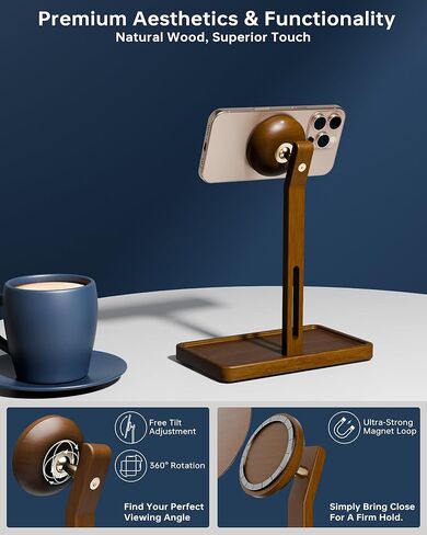 YEOUX Premium Magnetic Phone Holder for Desk | Solid Walnut Wood | 360° Free Adjustable | MagSafe Compatible, for iPhone 17 16 15 14, Stylish Desk Accessory in Saudi Arabia