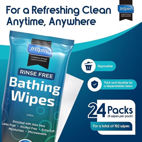 Body Wipes for adults bathing no rinse | Adult Wash Cloths Extra Large, Bathing Wipes for Incontinence, 8"x 8" In (192 count Bulk Pack) | By Inspire in Saudi Arabia