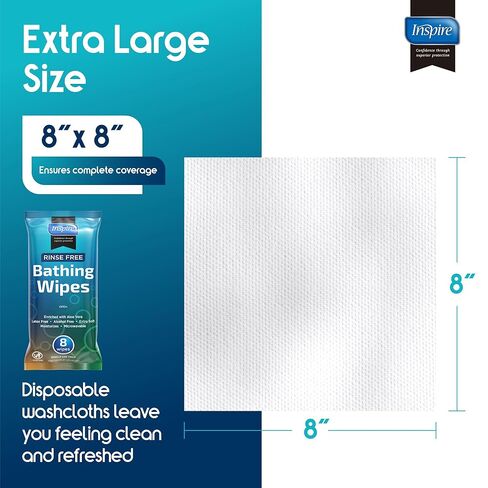 Body Wipes for adults bathing no rinse | Adult Wash Cloths Extra Large, Bathing Wipes for Incontinence, 8"x 8" In (192 count Bulk Pack) | By Inspire in Saudi Arabia