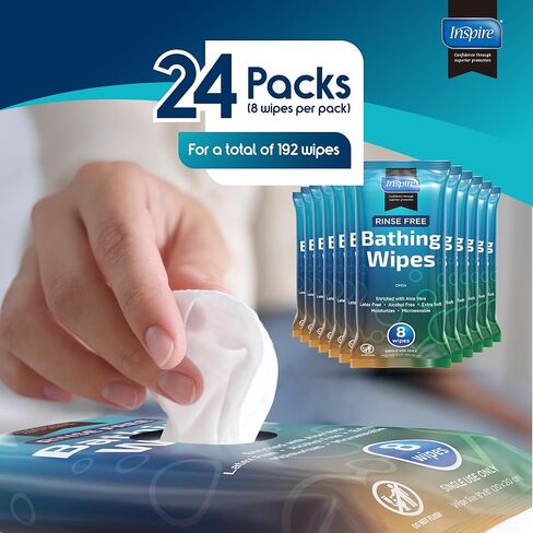 Body Wipes for adults bathing no rinse | Adult Wash Cloths Extra Large, Bathing Wipes for Incontinence, 8"x 8" In (192 count Bulk Pack) | By Inspire in Saudi Arabia