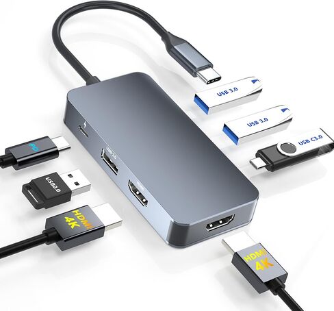 محطة إرساء شاشة مزدوجة لأجهزة الكمبيوتر المحمولة Dell/HP/Mac، 7 في 1 USB C إلى محول HDMI مزدوج متعدد المنافذ مع 2*4K HD، 3*منافذ بيانات USB-A/USB-C، 100 وات PD، موزع HDTV للشاشات المزدوجة، شاشة ممتدة in Kuwait