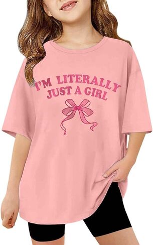 I'm Literally JUST A Girl Toddler Kids Bow Graphic T Shirts Short Sleeve Tees Loose Fit Printing Summer Tees Tops Size in Saudi Arabia