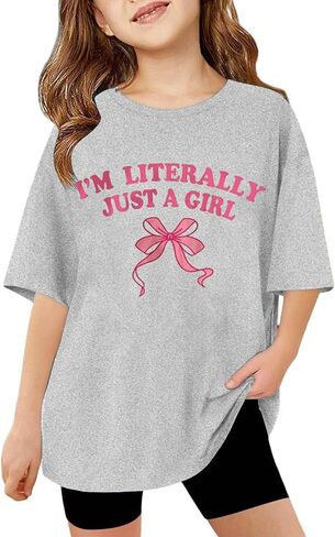 I'm Literally JUST A Girl Toddler Kids Bow Graphic T Shirts Short Sleeve Tees Loose Fit Printing Summer Tees Tops Size in Saudi Arabia