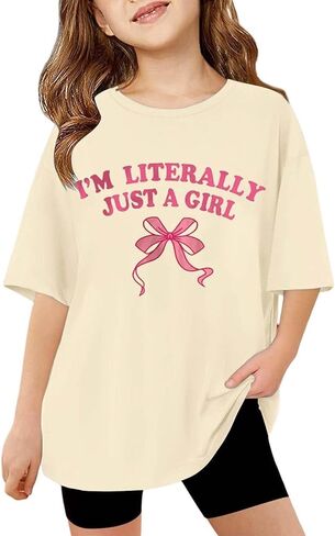 I'm Literally JUST A Girl Toddler Kids Bow Graphic T Shirts Short Sleeve Tees Loose Fit Printing Summer Tees Tops Size in Saudi Arabia