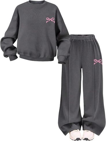 SOLY HUX Toddler Girl's 2 Piece Outfits Fall Clothes Bow Graphic Crewneck Sweatshirt and Pants Clothing Set Dark Grey Bow 7Y in Kuwait