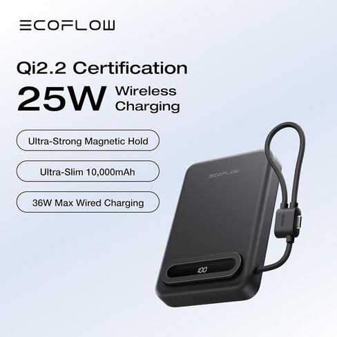بطارية احتياطية EF ECOFLOW Rapid Mag بقدرة 10,000 مللي أمبير في الساعة، شحن لاسلكي Qi2.2 25 وات، شاحن محمول مغناطيسي نحيف 0.6 بوصة، كابل USB-C مدمج، بطارية متوافقة مع Magsafe معتمدة من Qi2 لهاتف iPhone 17/16/15، أسود in Saudi Arabia
