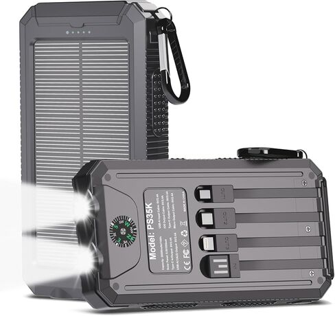 شاحن بالطاقة الشمسية بقدرة 20,000 مللي أمبير في الساعة، بنك طاقة محمول، 4 كابلات شاحن هاتف احتياطي خارجي مقاوم للماء مع USB-C للهواتف المحمولة، حزمة بطارية شمسية مع مصباح يدوي مزدوج للتخييم in Kuwait