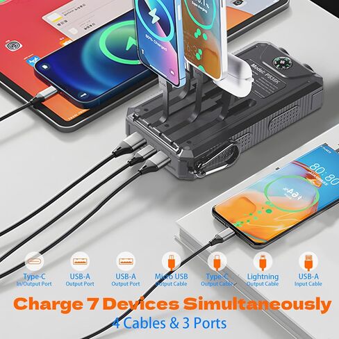 شاحن بالطاقة الشمسية بقدرة 20,000 مللي أمبير في الساعة، بنك طاقة محمول، 4 كابلات شاحن هاتف احتياطي خارجي مقاوم للماء مع USB-C للهواتف المحمولة، حزمة بطارية شمسية مع مصباح يدوي مزدوج للتخييم in Kuwait